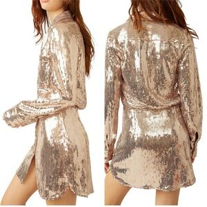 NWT FREE PEOPLE Sophie Sequin Mini Shirt Dress Long Sleeve Gold Rose Gold Sz S